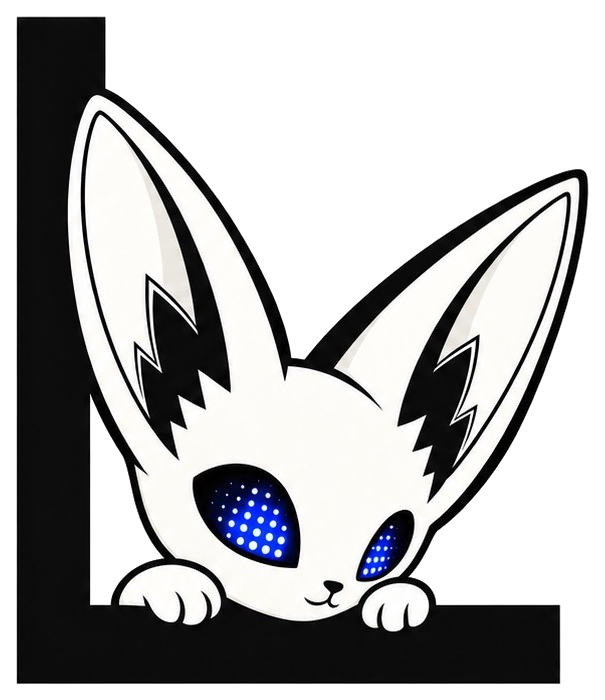 Looshi, a long-eared creature with blue eyes, peeking over the edge of the L-shaped LOOSHI LABO mark.